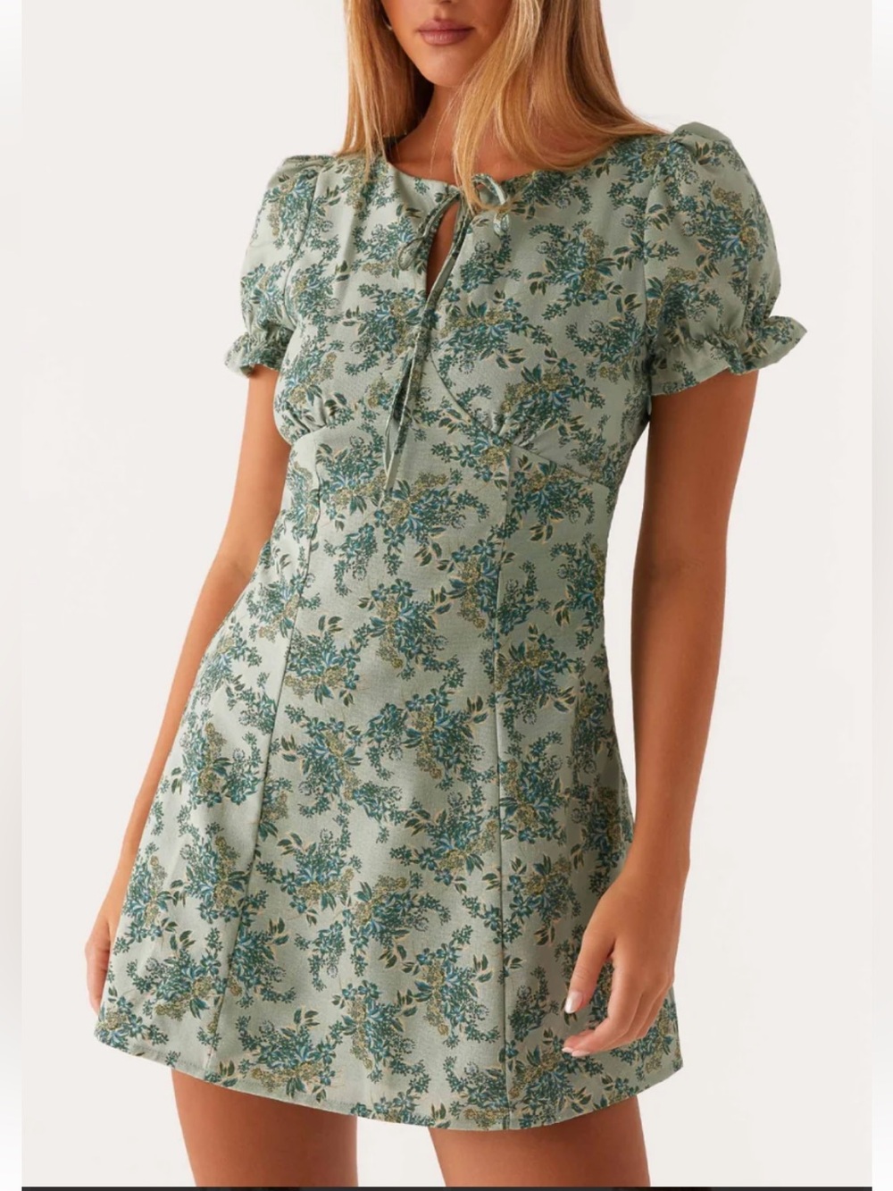 Peppermayo Sage Floral Tie-Neck Puff Sleeve Mini Dress